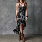 Sleeveless black printed V-neck maxi dress with ruched bodice and layered ruffled hem