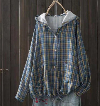 Blue and tan plaid hooded overshirt with button front and front pocket