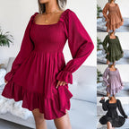 Wine red square-neck ruffle swing dress with long puff sleeves and tiered skirt.