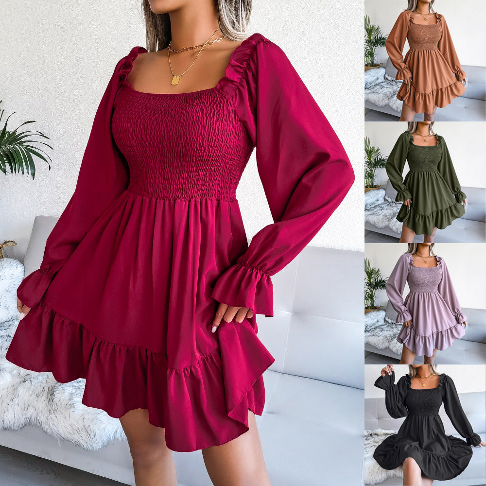 Wine red square-neck ruffle swing dress with long puff sleeves and tiered skirt.