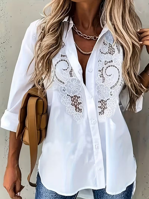 Plus size white long-sleeve shirt with floral lace embroidery at chest and yoke