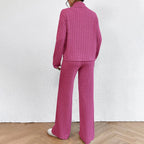 Women's Solid Color 2-Piece Set High Neck Long Sleeve Top & Pants, Striped Loungewear For Fall&Winter