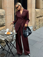 Aloruh Women's Notched Collar Jacket And Pants Commuting Daily Basic Business Suit Set