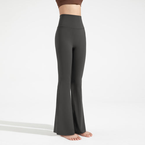 Dark gray flared yoga pants with high waist, smooth fitted legs