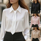 White long-sleeve tie-front shirt with point collar and neck tie detail