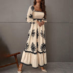 Elegant Women's Retro Geometric Print Lantern Sleeve Dress - Square Neck A-Line With Elastic Cuffs, Casual & Formal Dress
