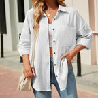Women's Solid Color V-Neck Long Sleeve Blouse - Textured Button-Up Shirt, Casual & Minimalist Top For Spring&Fall