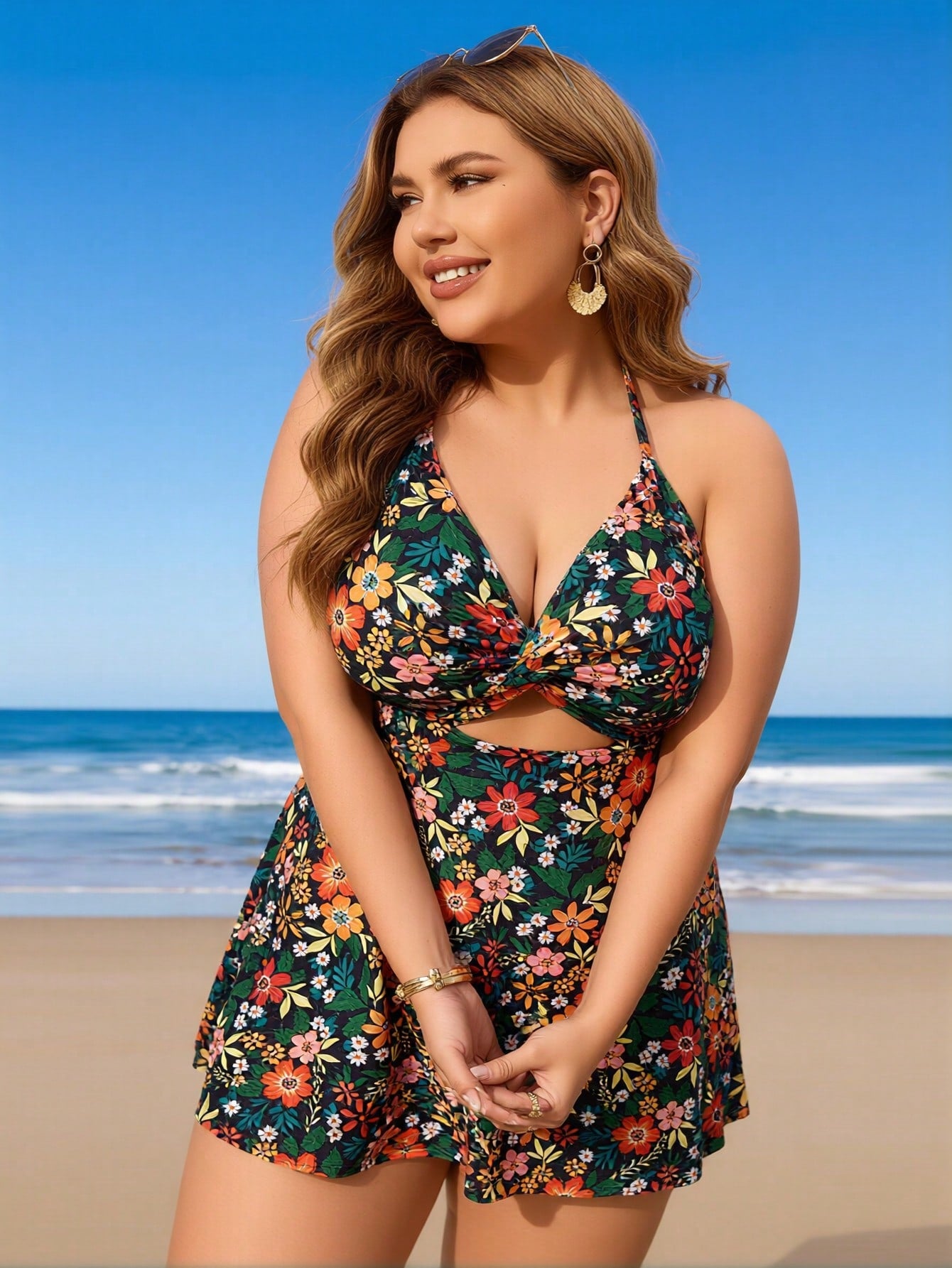 Floral halter swimdress with twist front, multicolor flowers on dark green