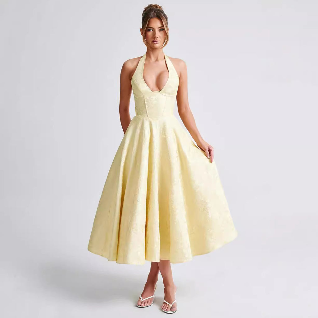 Light yellow V-neck halter sleeveless long dress with jacquard skirt and lace-up waist