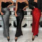Sequined midi skirt with elastic waistband and front slit, shown in gray and black