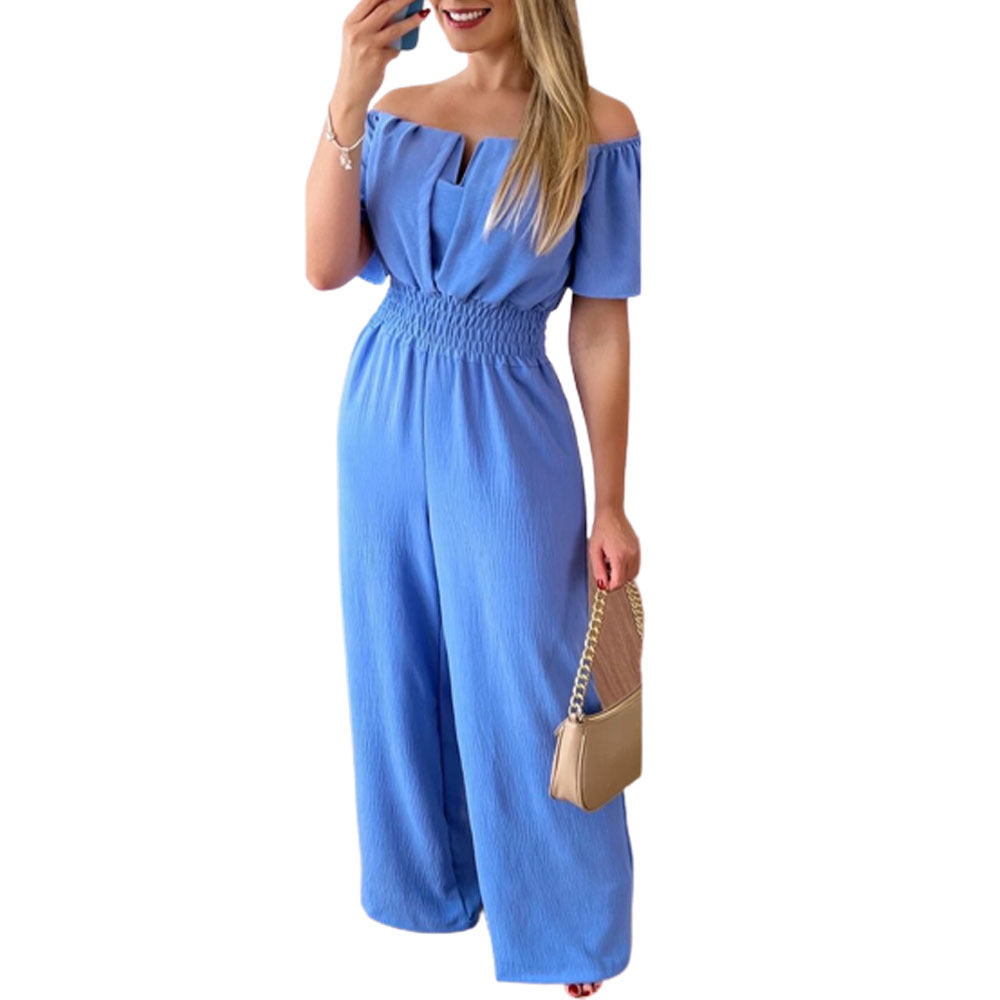Women's blue off-neck smocked waist jumpsuit with wide straight-leg pants