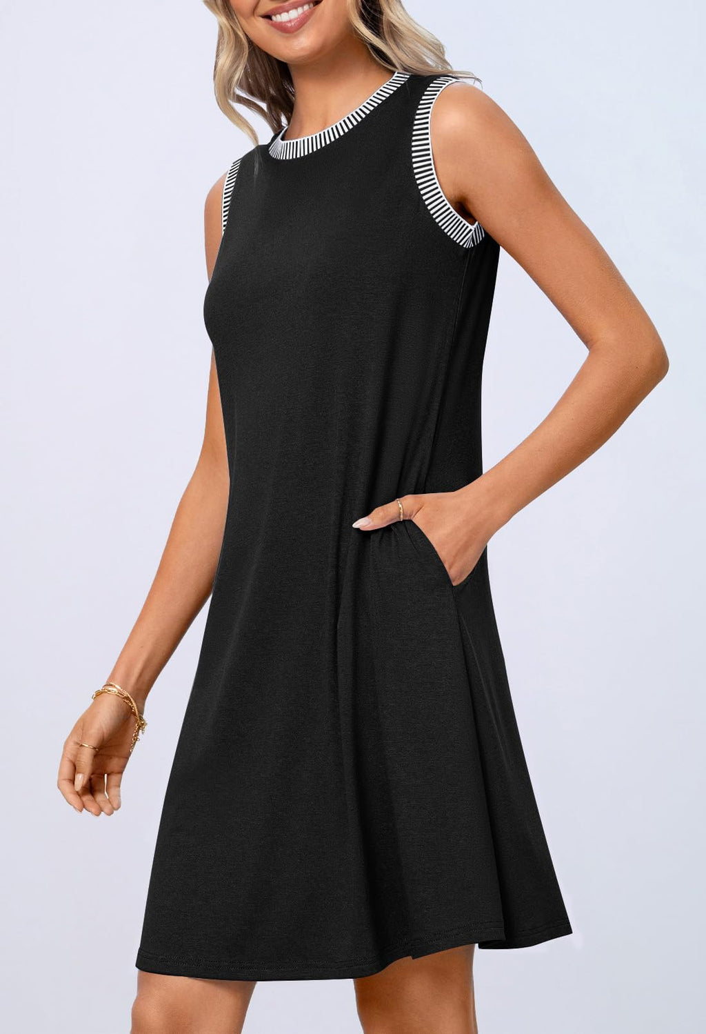 Women's black sleeveless tank dress with striped crew neckline trim