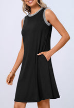 Women's black sleeveless tank dress with striped crew neckline trim