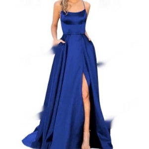 Dark blue satin long formal dress with spaghetti straps and front side slit