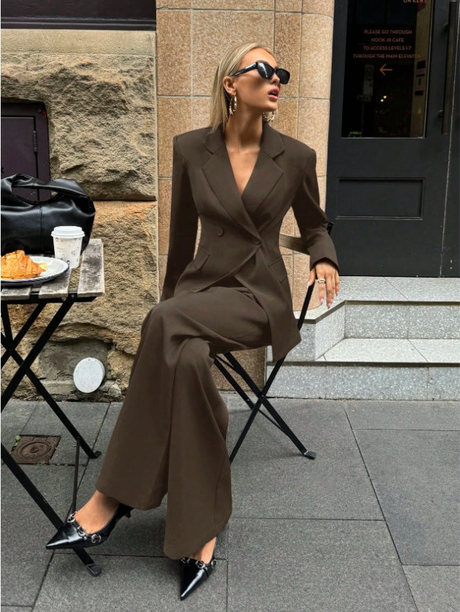 Aloruh Women's Notched Collar Jacket And Pants Commuting Daily Basic Business Suit Set