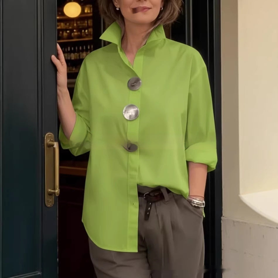 Fluorescent green stand-collar shirt with three metal buttons and 3/4 sleeves