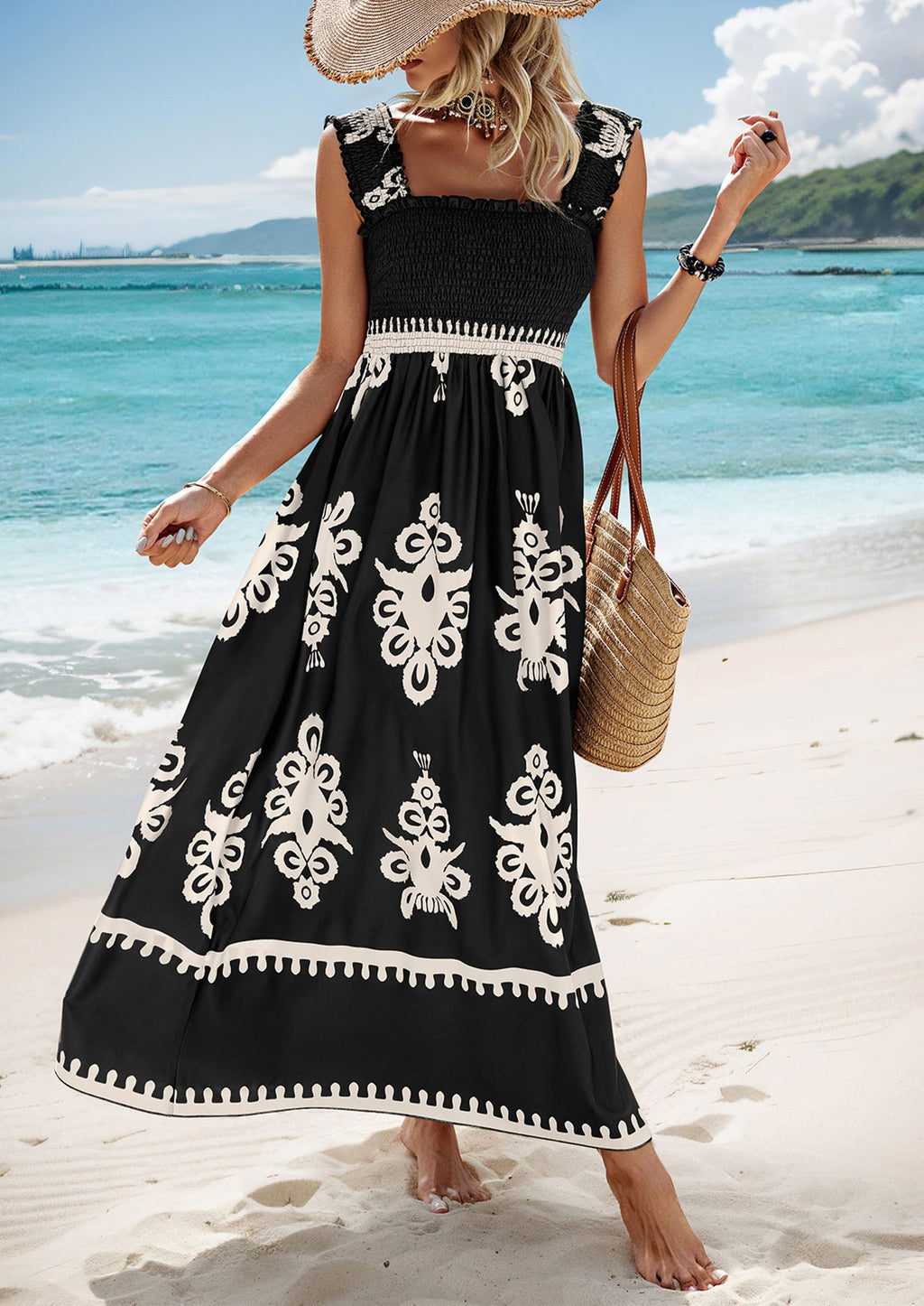 Women’s sleeveless square-neck printed summer dress with black border hem