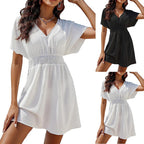 Women Casual Swim Cover Up V-Neck Summer Coverups Flowy Short Sleeve Mini Beach Dress
