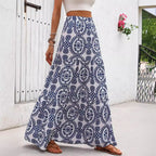 Blue patterned swing skirt with circular motifs, wide flare, elastic waistband