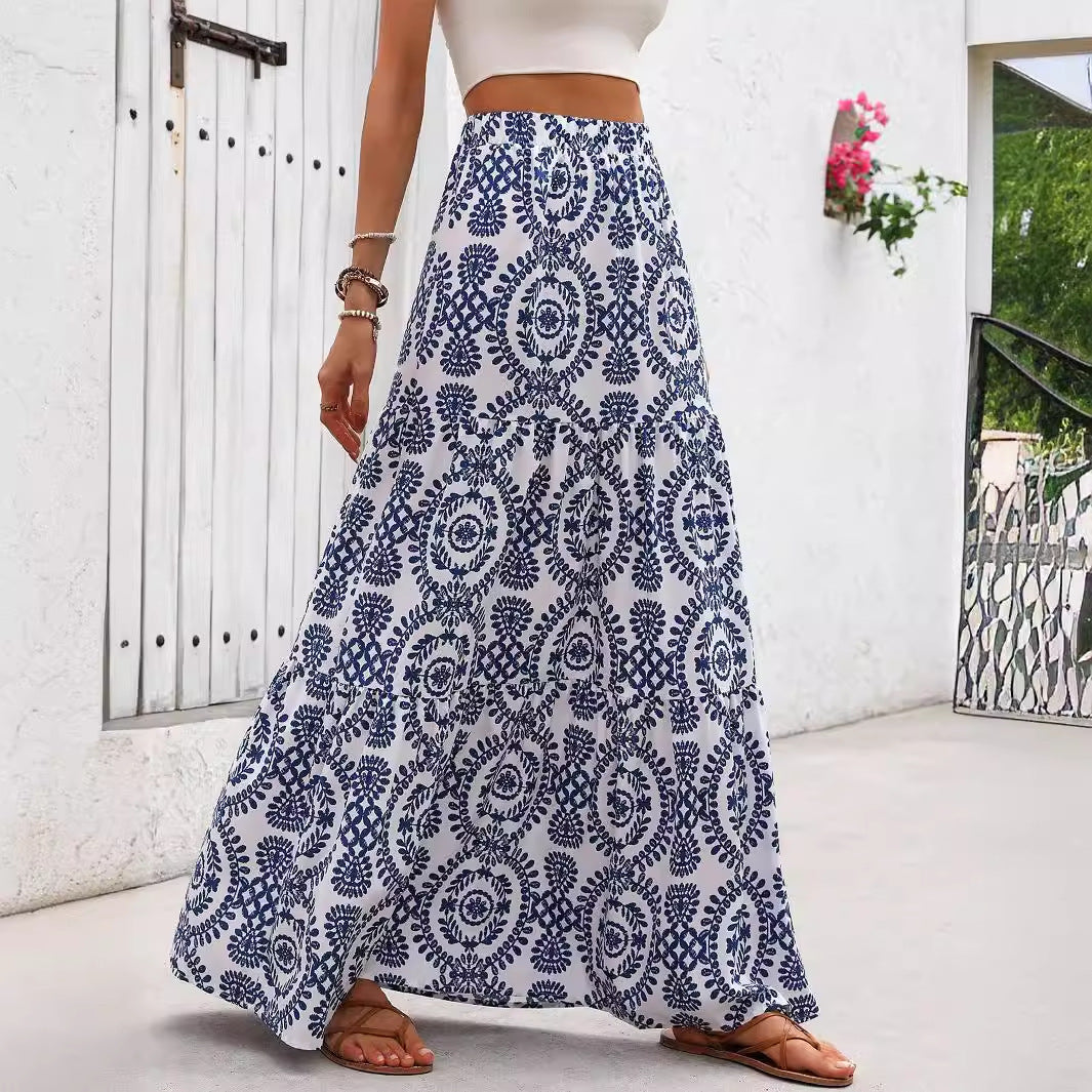 Blue patterned swing skirt with circular motifs, wide flare, elastic waistband