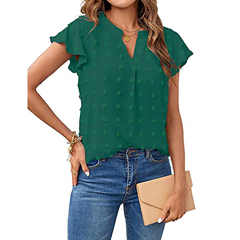Women's Summer V Neck Ruffle Short Sleeve Blouse Business Office Casual Top Shirts