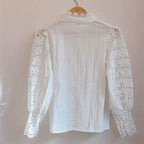 Elegant Women's Vintage Pearl Button Lace Blouse - Puff Sleeve Semi-Sheer Ruffled Stand Collar Shirt Spring&Summer Office & Vacation Top