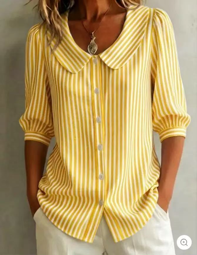 Yellow-and-white striped V-neck button top with pointed collar and cuffed 3/4 sleeves
