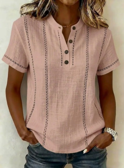 Summer Striped Short-Sleeve Shirts Casual Stand-Collar V-neck Button Blouse Womens Clothing(New)