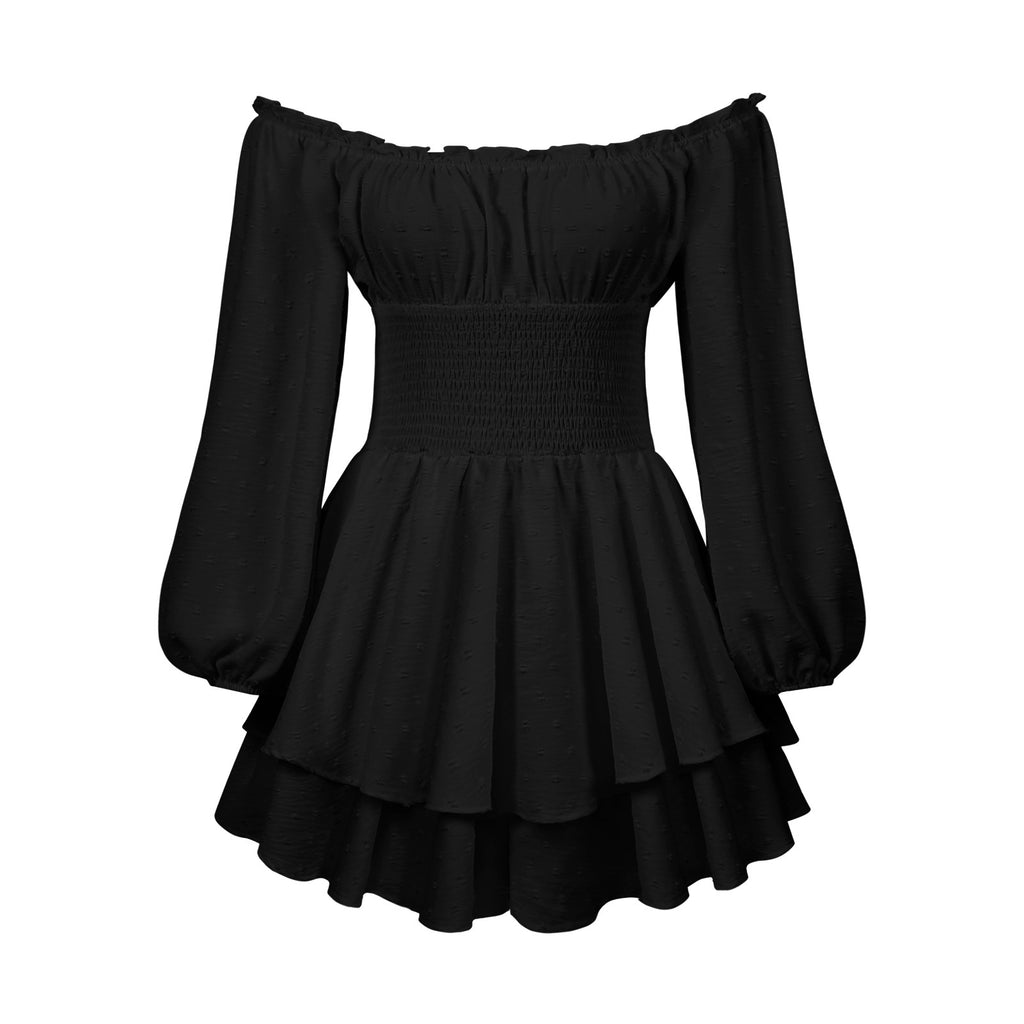 Black off-shoulder ruffle jumpsuit flat lay with long sleeves and tiered skirt