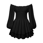Black off-shoulder ruffle jumpsuit flat lay with long sleeves and tiered skirt