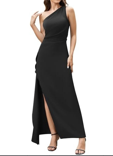 Black one-shoulder satin dress, slim-fit with pleated detail and side slit