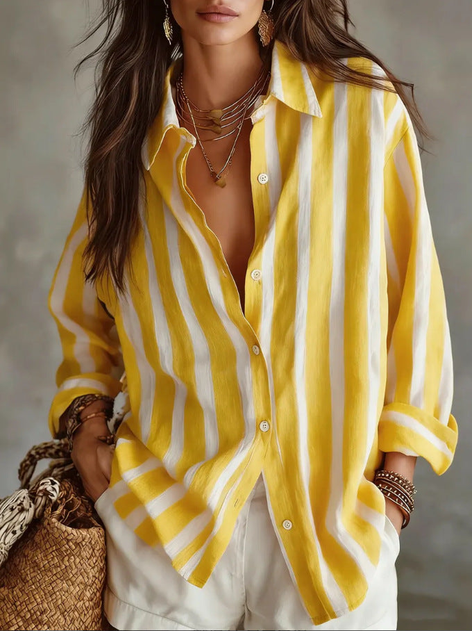 Yellow and white striped oversized button-up shirt, open collar, cuffed long sleeves