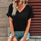 Women's T Shirts V Neck Short Sleeve Button Decor Tops Summer Loose Fit Tee Blouse