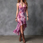 Sleeveless pink printed V-neck maxi dress with ruched bodice and layered ruffled hem