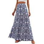 Blue and white circular patterned maxi swing skirt with wide flared hem