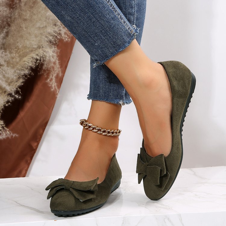Olive green suede bow comfort loafers with chain strap detail and rubber sole