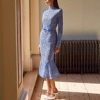 Slim Fit Slimming See-through Lace Hollow Belt Long Sleeve Fishtail Dress