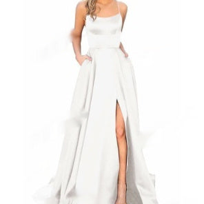 White satin long formal dress with spaghetti straps and front side slit