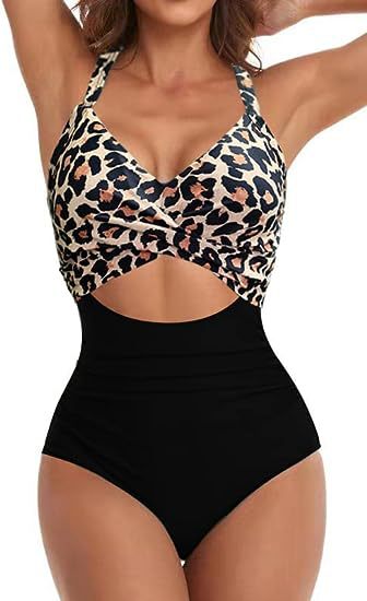 Women's cross one-piece swimsuit with leopard print top and black high-waist, midriff cutout