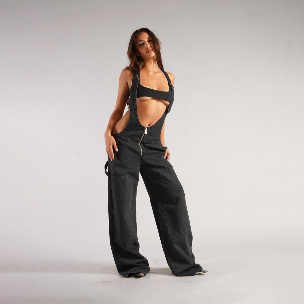Black denim zipper overalls with front zipper, wide legs, side pockets, adjustable straps