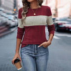 Women's Elegant Color-Block Round Neck Top - Basic Solid Color Contrast Casual Shirt For Fall&Winter