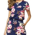 Ladies' Round Neck Floral Print Elegant Drawstring Slanted Pocket Detail Dress