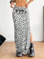 Leopard-print long pleated dress with side slit, white with black spots
