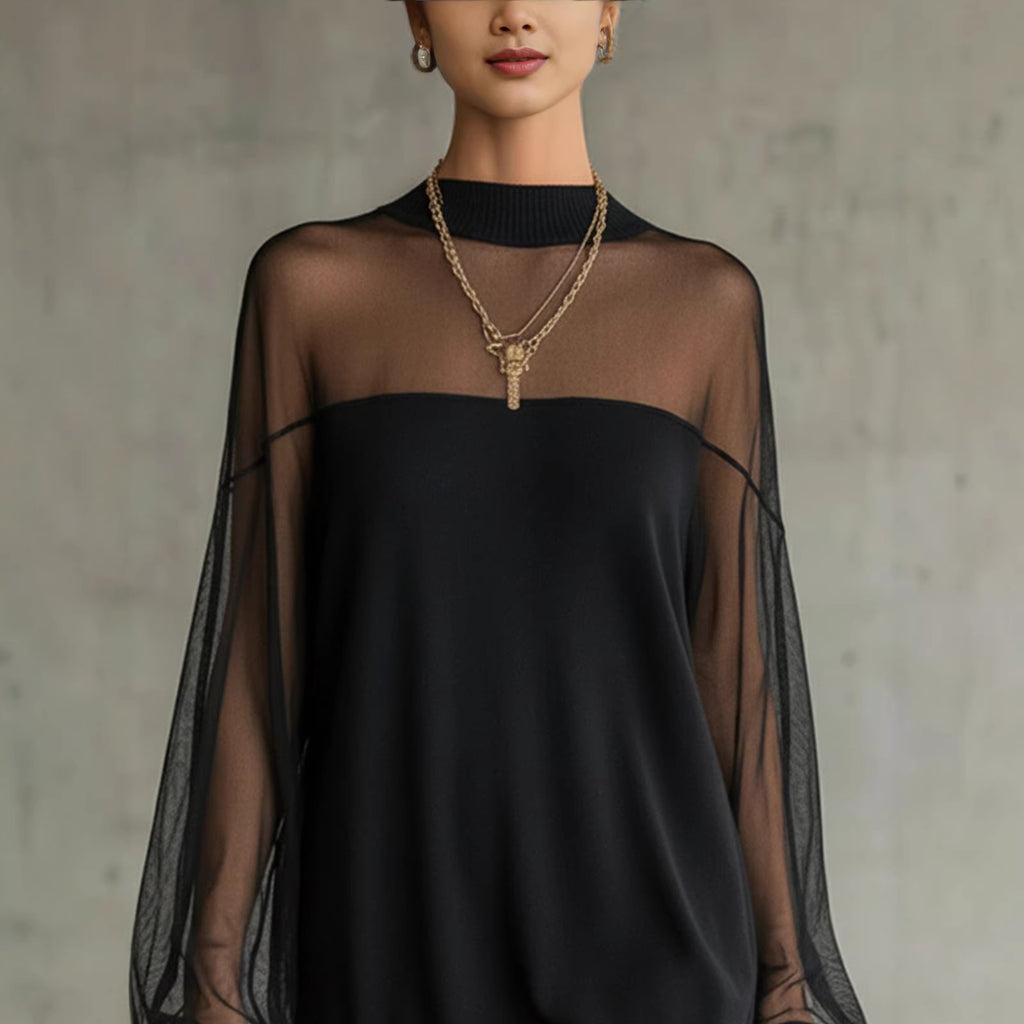 Black mini dress with sheer mesh sleeves and high neckline, ribbed collar