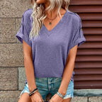 Women's T Shirts V Neck Short Sleeve Button Decor Tops Summer Loose Fit Tee Blouse