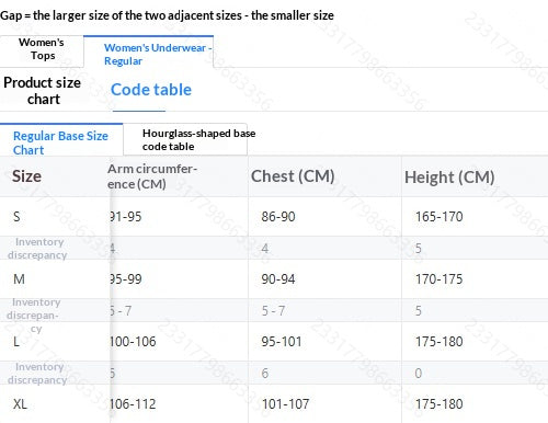 Women’s underwear regular size chart table with arm circumference, chest, and height