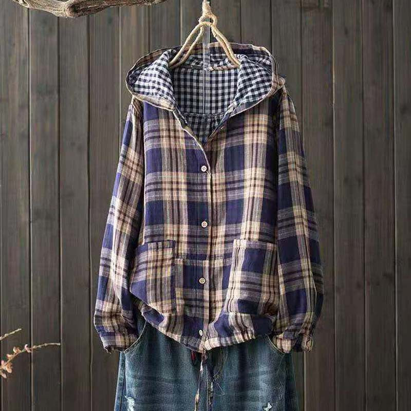 Blue and cream plaid hooded cotton-linen overshirt with snap front and drawstring hem
