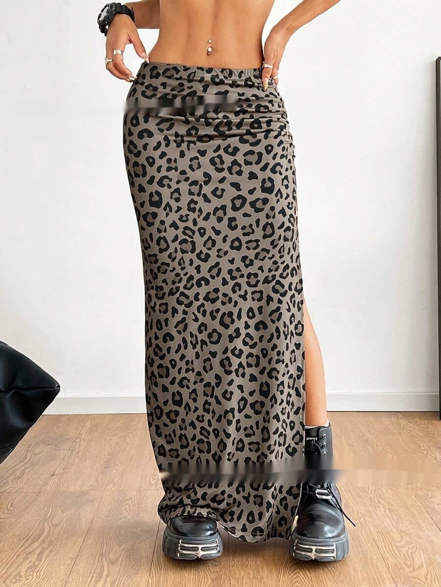 Leopard-print long pleated dress with side slit, charcoal and black
