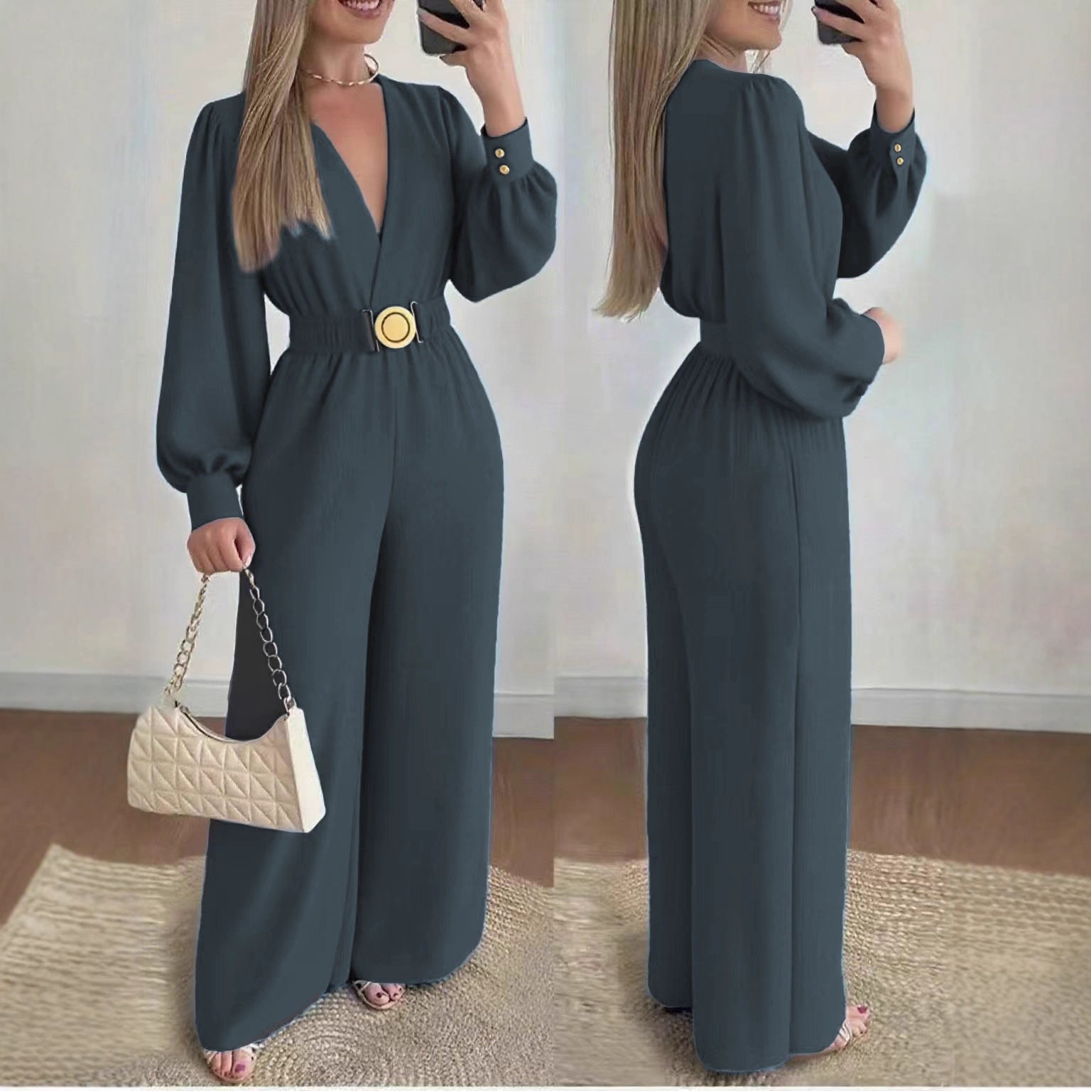 Dark charcoal deep V-neck slim-fit jumpsuit with long sleeves and round gold belt