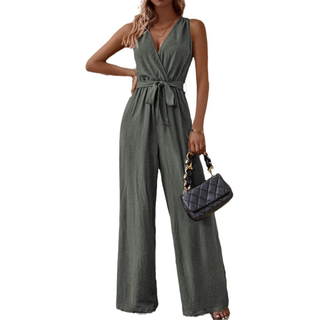 Dark gray-green high-waist sleeveless jumpsuit with V-neck and tie waist, wide legs